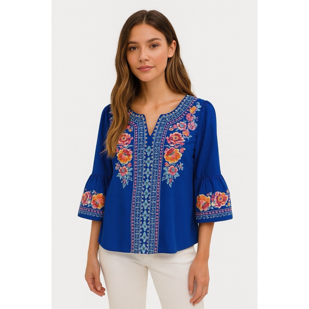 Savanna Jane Top Womens S Blue Embroidered Boho Chic Rockabilly Cottagecore